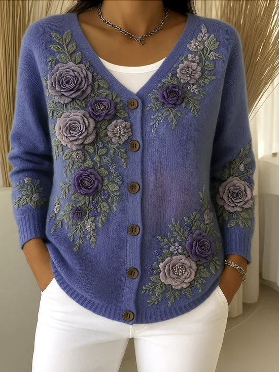 Cotton V Neck Casual Floral Cardigan