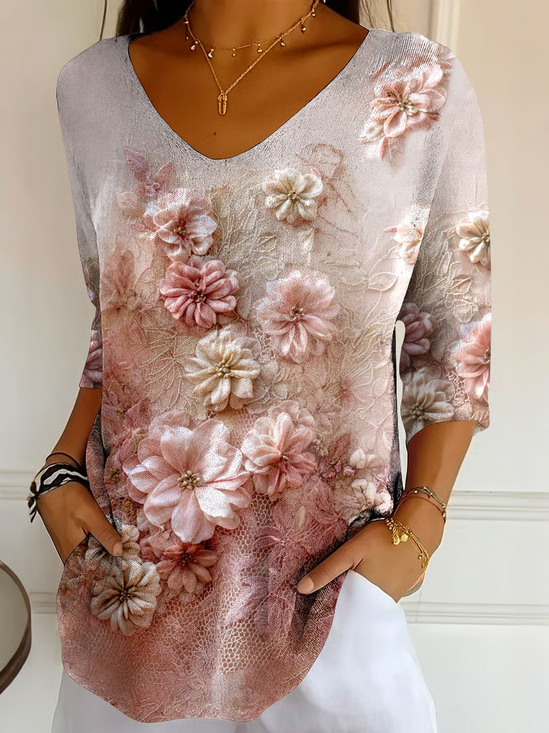 Women's Three Quarter Sleeve T-shirt Spring/Fall Pink Floral Printing V Neck Daily Going Out Casual Top