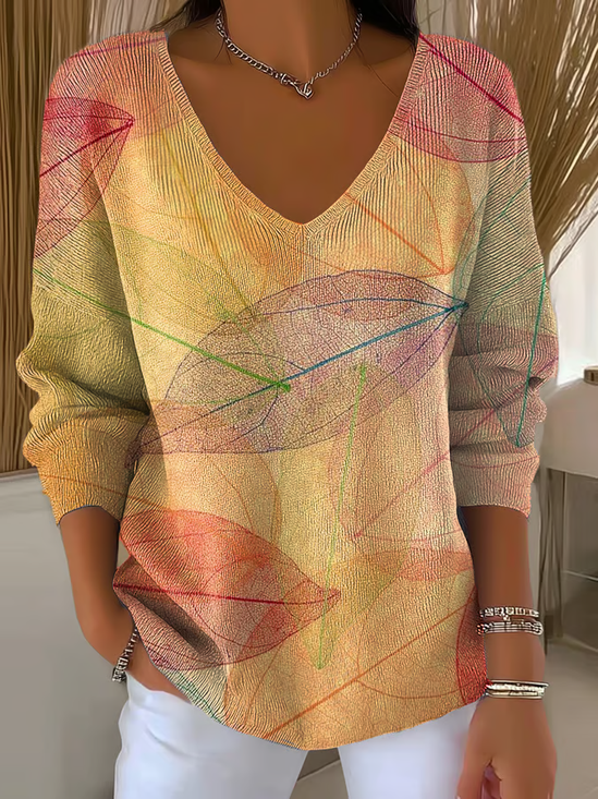 Women's Long Sleeve T-shirt Spring/Fall Orange Maple Leaf Printing V Neck Daily Going Out Casual Top