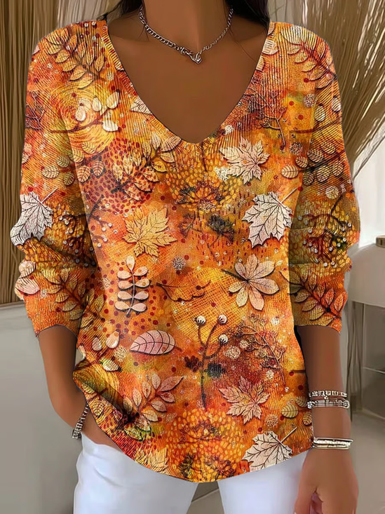 Women's Long Sleeve T-shirt Spring/Fall Orange Maple Leaf Printing V Neck Daily Going Out Casual Top