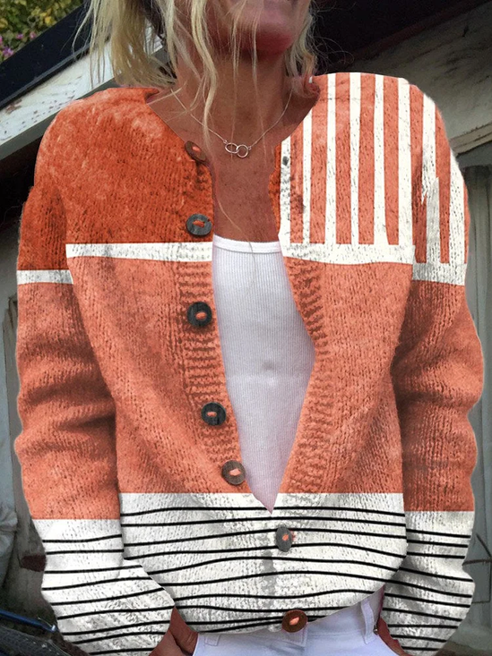 Women's Abstract Print Casual Long Sleeve Button Cardigan Sweater