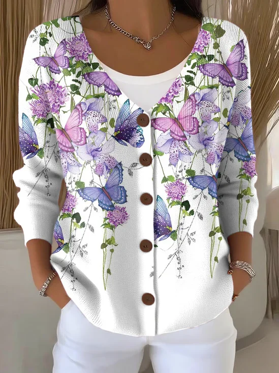 Purple Floral Cotton Regular Fit Casual Cardigan