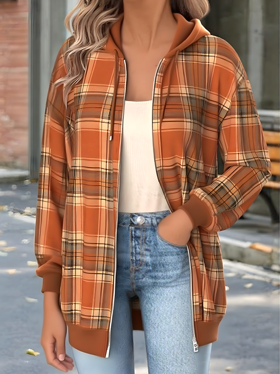 Women's Autumn Plaid Hooded Sweatshirt Jacket Regular Autumn and Winter Top