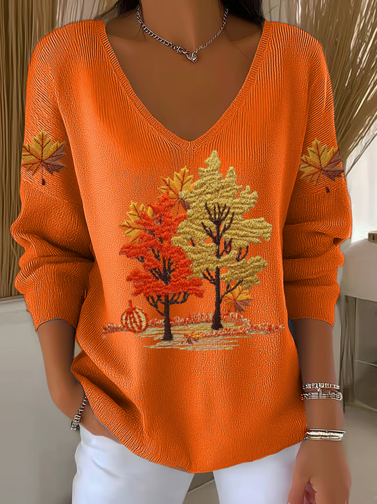 Women's Long Sleeve T-shirt Spring/Fall Orange Maple Leaf Printing V Neck Daily Going Out Casual Top