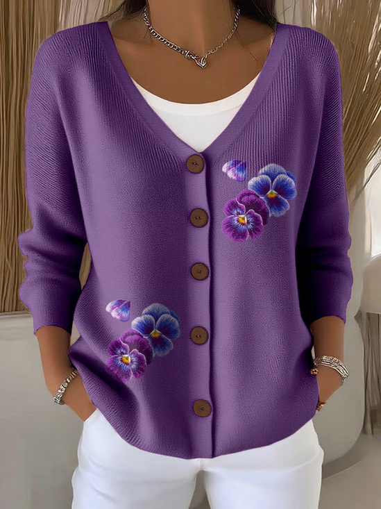 Casual Purple Floral Cotton Regular Fit Cardigan