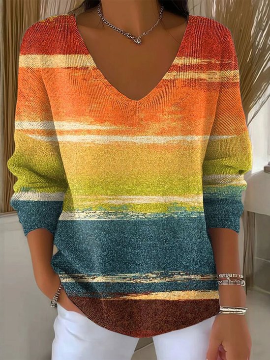 Ombre V Neck Casual Sweater