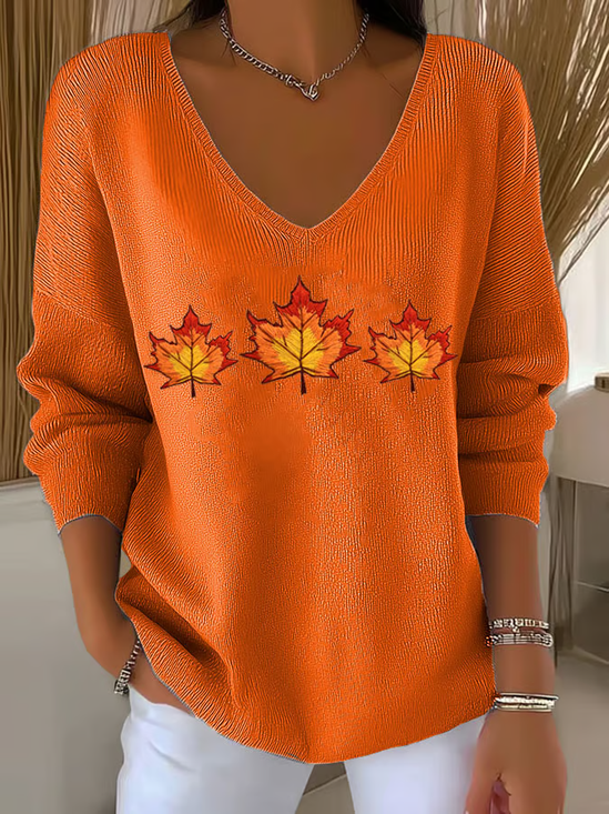 Women's Long Sleeve T-shirt Spring/Fall Orange Maple Leaf Printing V Neck Daily Going Out Casual Top