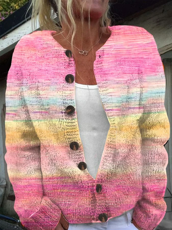 Women's Abstract Print Casual Long Sleeve Button Cardigan Sweater
