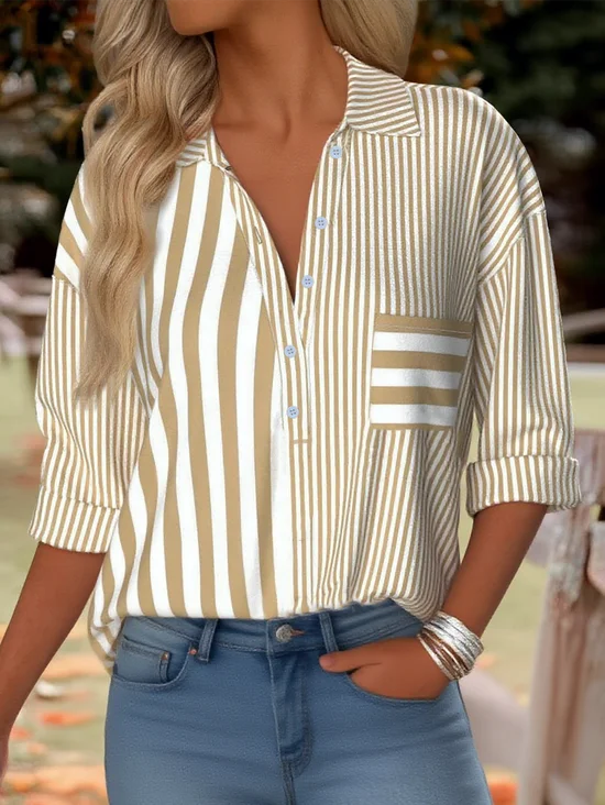 Women's Striped Pattern Patch Pocket Long Sleeve Shirt Regular Top