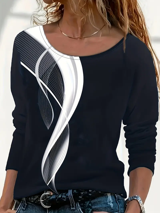 Women's Long Sleeve T-shirt Spring/Fall Black Abstract Printing Jersey Crew Neck Daily Going Out Casual Top