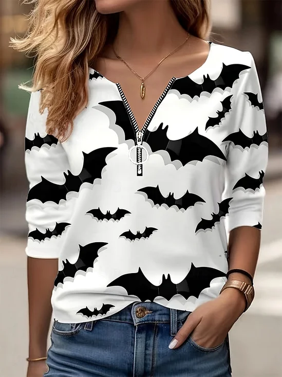 Women's Halloween Bat Pattern Half-Zip Long Sleeve T-Shirt Regular Top