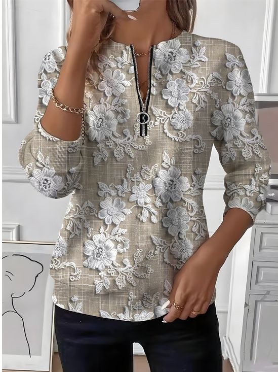 Women's Embroidered Floral Long Sleeve Center Front Zip Sweatshirt