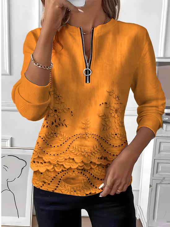Women's Embroidered Floral Long Sleeve Center Front Zip Sweatshirt