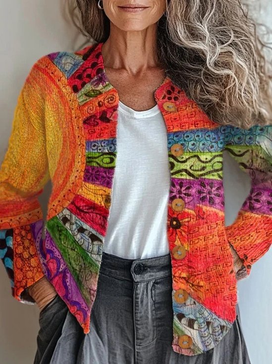 Women's Retro Ethnic Contrast Color Pattern Casual Loose Long Sleeve Cardigan Regular Top