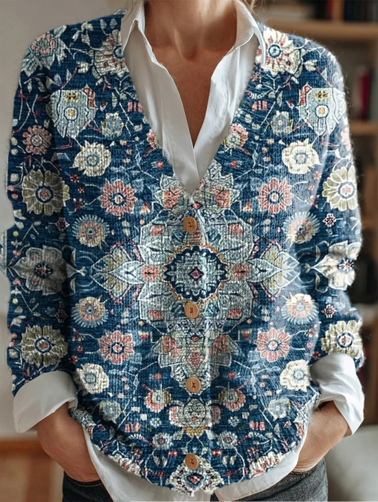 Women's Vintage Floral Pattern Art Print Button V-neck Cardigan Sweater