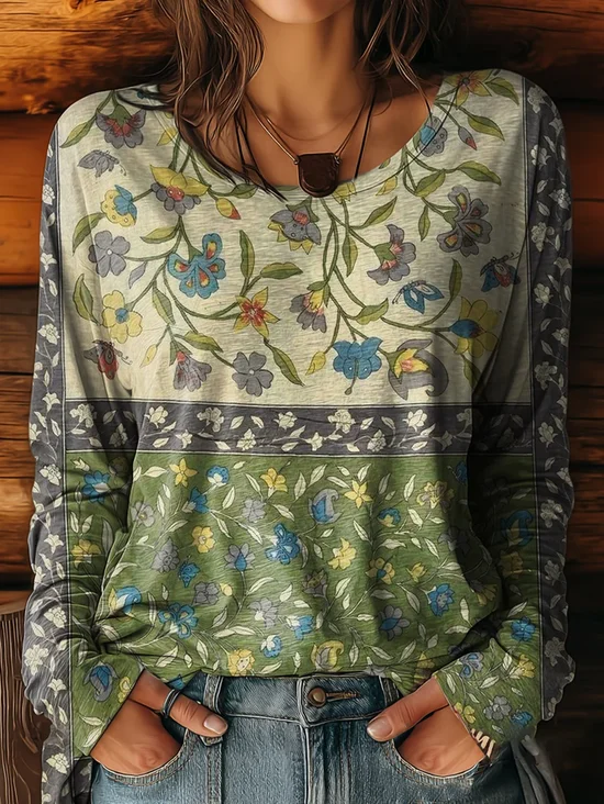 Women's Long Sleeve T-shirt Spring/Fall Green Floral Printing Jersey Crew Neck Daily Going Out Casual Top