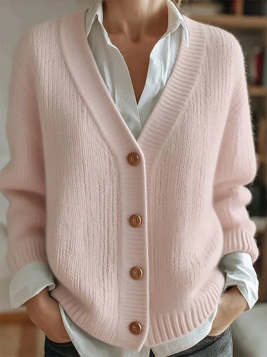 Women's Solid Color V-Neck Casual Loose Long-Sleeved Cardigan Regular Top