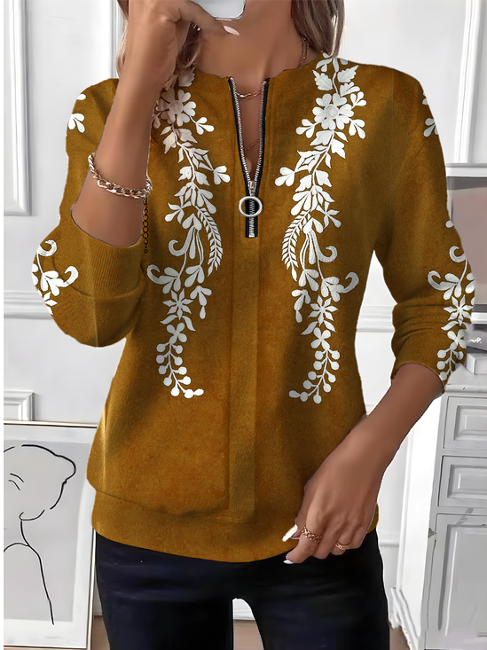 Women's Retro Art Lace Floral Pattern Long Sleeve Center Front Zipper Sweatshirt