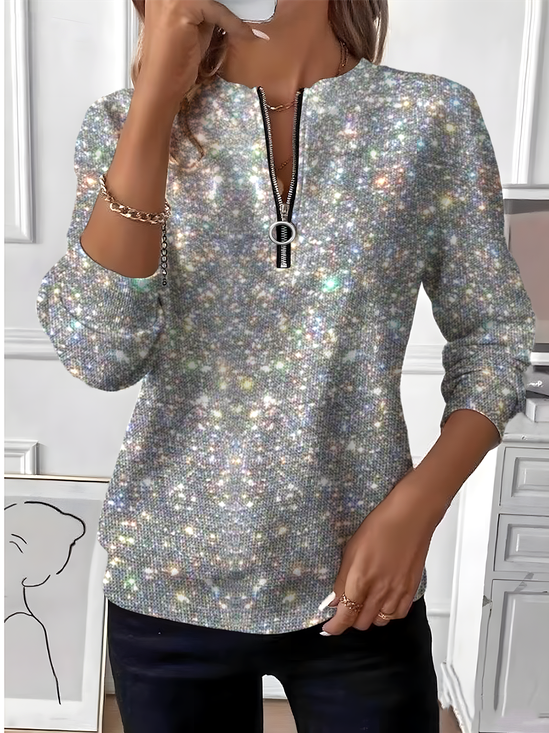 Women's Party Sequin Pattern Long Sleeve Center Front Zip Sweatshirt