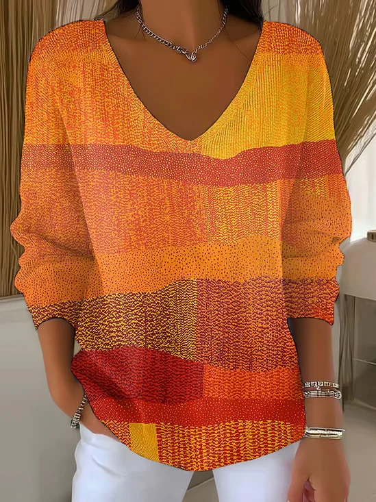 Women's Long Sleeve T-shirt Spring/Fall Orange Abstract Printing V Neck Daily Going Out Casual Top