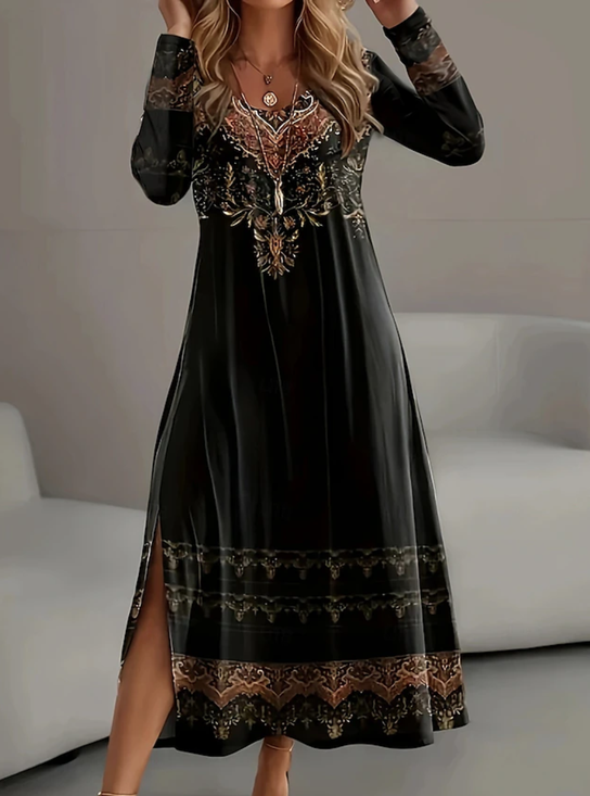Women's Ethnic Geometric Pattern Long-Sleeved Round Neck Dress