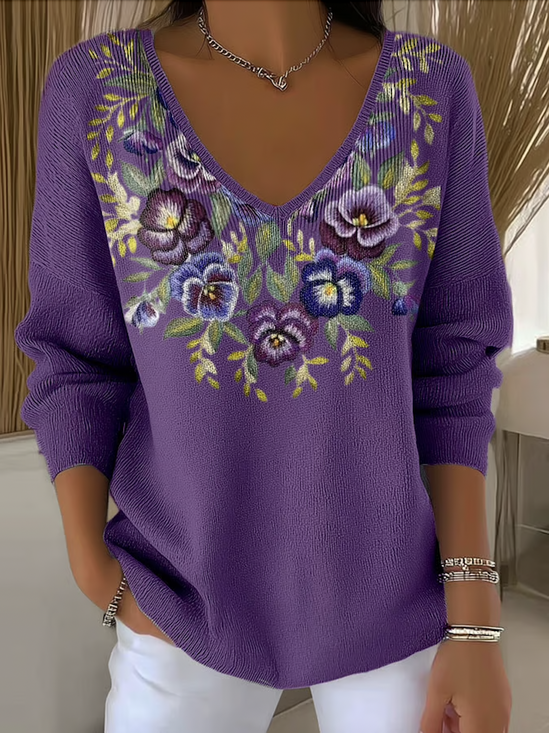 Floral V Neck Casual Regular Fit Sweater
