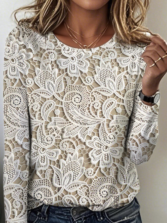 Women's Vintage Lace Floral Pattern Round Neck Long Sleeve T-Shirt Regular Top