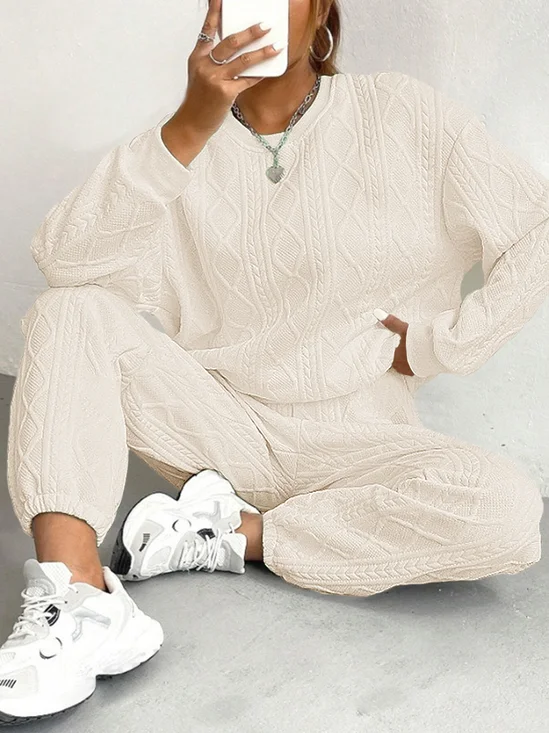 Women's Autumn And Winter Fashion Ribbed Jacquard Trousers Casual Two-Piece Sweatshirt Trousers