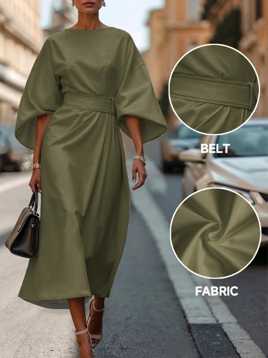 Regular Fit Dolman Sleeve Street Crew Neck Dress With Belt