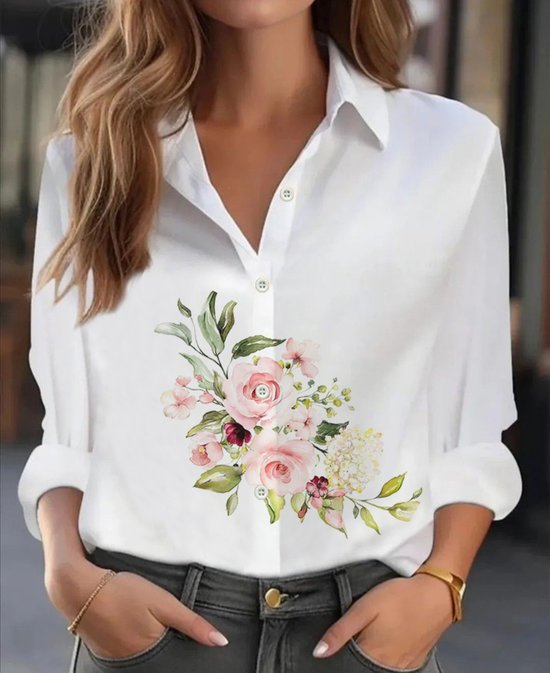 Women's Long Sleeve Shirt Spring/Fall White Floral Buckle Shirt Collar Regular Sleeve Daily Going Out Casual Top