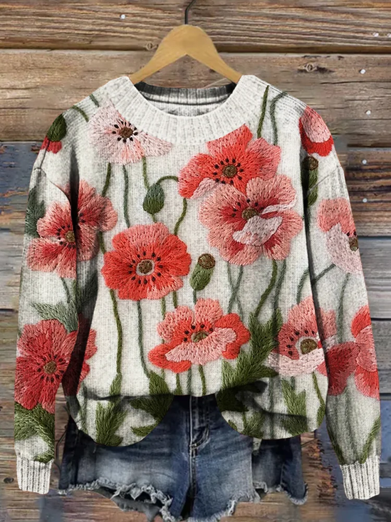Casual Regular Fit Floral Knitted Sweater