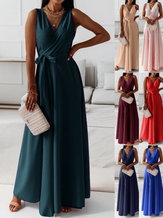 Women's Sleeveless Summer darkgreen Plain Split Joint V Neck Daily Going Out Vintage Maxi A-Line Tank Dress