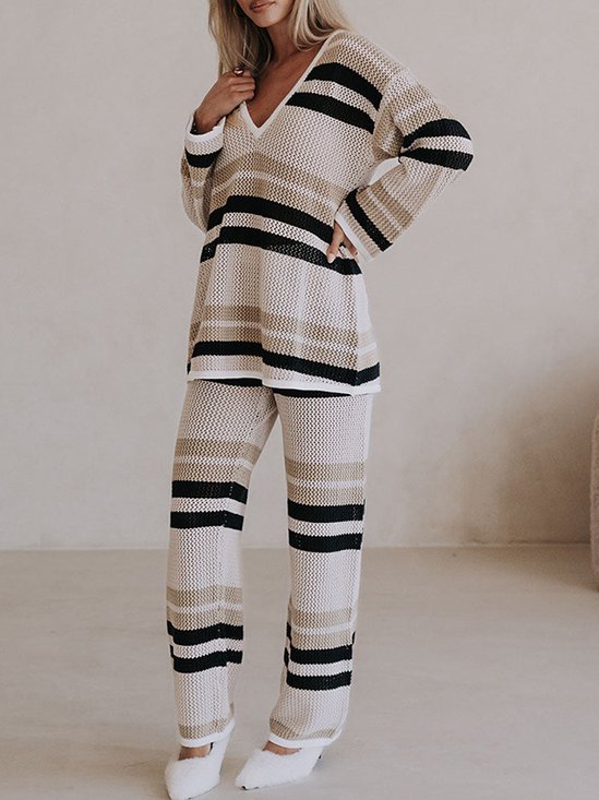 V Neck Color Block Casual Regular Fit Two-Piece Set