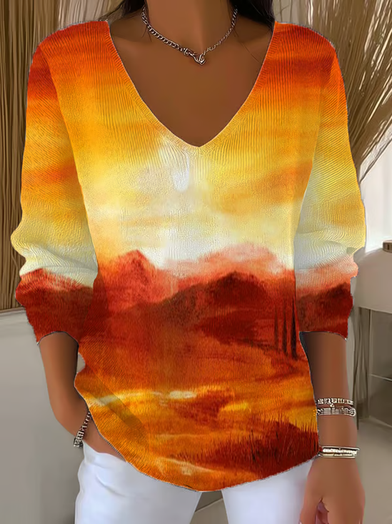 Women's Long Sleeve T-shirt Spring/Fall Orange Abstract Printing V Neck Daily Going Out Casual Top