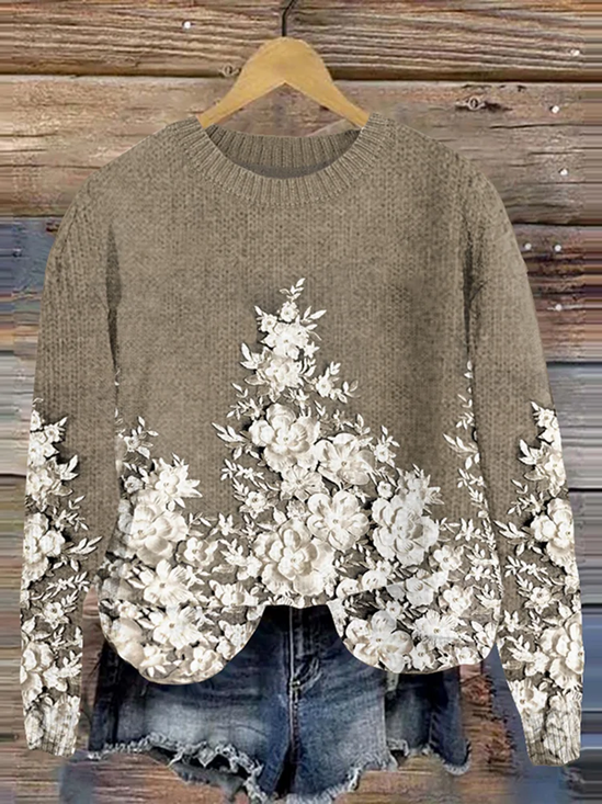 Casual Floral Regular Fit Crew Neck Sweater
