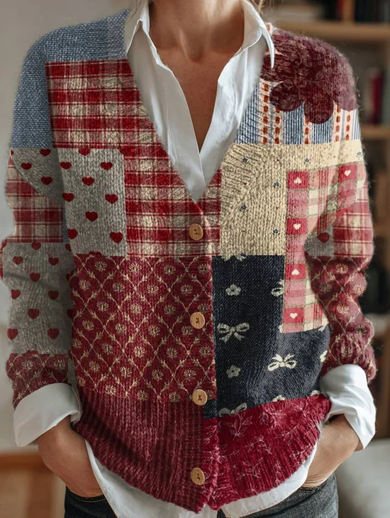 Women's Vintage Floral Pattern Art Print Button V-neck Cardigan Sweater