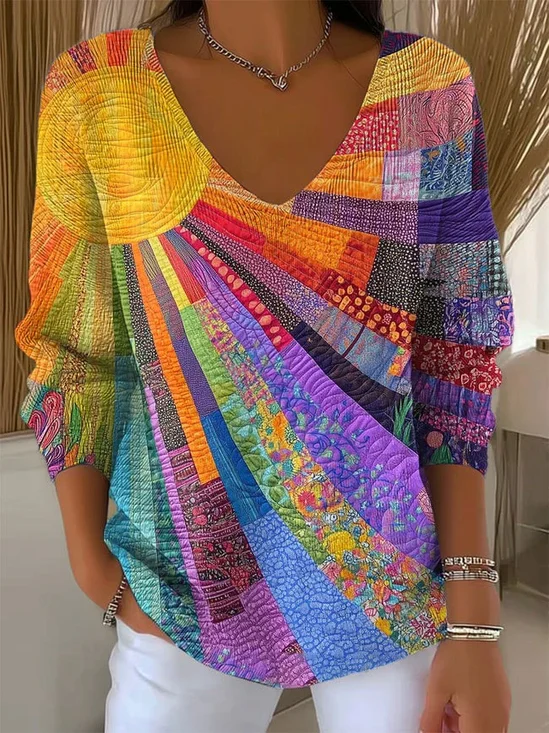 Women's Long Sleeve T-shirt Spring/Fall As Picture Abstract Printing V Neck Daily Going Out Casual Top