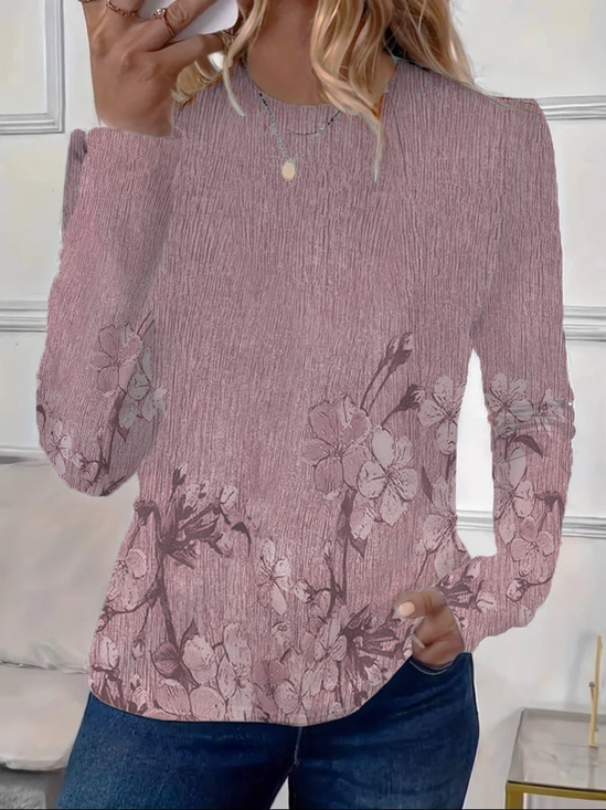 Women's Long Sleeve T-shirt Spring/Fall Pink Floral Printing Jersey Crew Neck Daily Going Out Casual Top