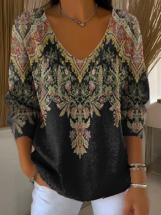 Women's Long Sleeve T-shirt Spring/Fall Black Floral Printing V Neck Daily Going Out Casual Top