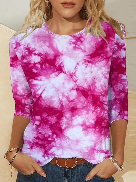 Women's Long Sleeve T-shirt Spring/Fall Pink Tie Dye Printing Jersey Crew Neck Daily Going Out Casual Top