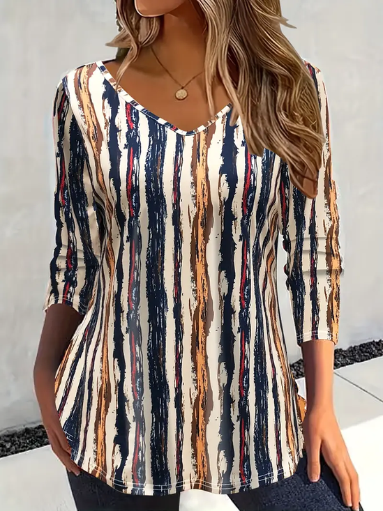 Women's Long Sleeve T-shirt Spring/Fall As Picture Striped Printing Jersey V Neck Daily Going Out Casual Top