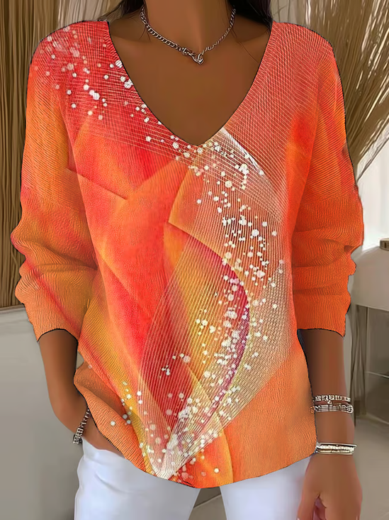Women's Long Sleeve T-shirt Spring/Fall Orange Abstract Printing V Neck Daily Going Out Casual Top