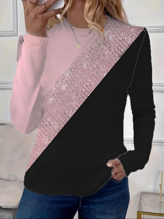 Women's Long Sleeve T-shirt Spring/Fall Pink Multicolor Block Printing Jersey Crew Neck Daily Going Out Casual Top