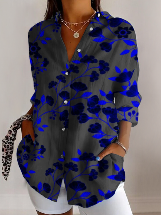 V Neck Botanical Pattern Casual Shirt
