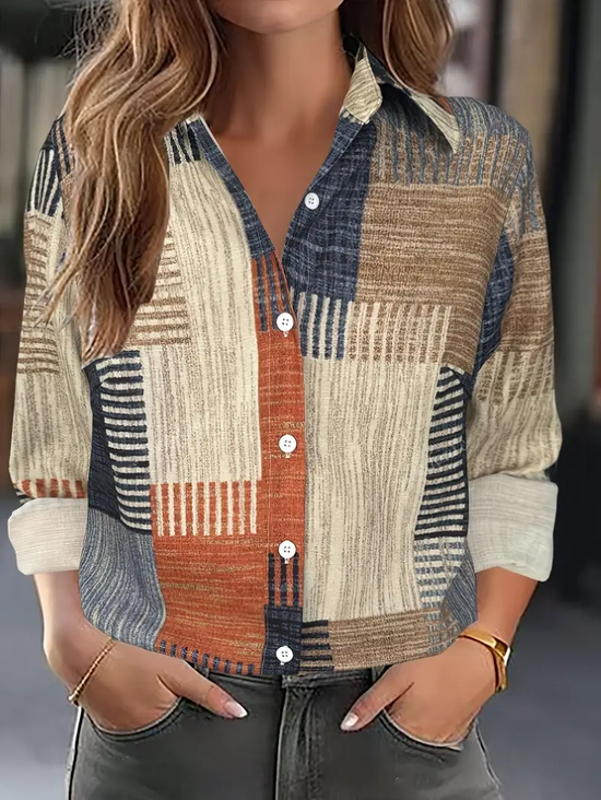 Women's Long Sleeve Shirt Spring/Fall As Picture Abstract Buckle Shirt Collar Regular Sleeve Daily Going Out Casual Top