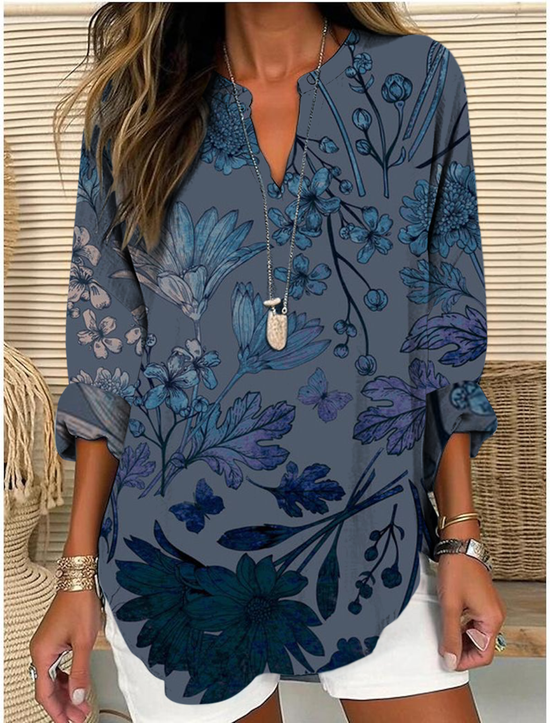 Elegant Floral Shawl Collar Loose Blouse