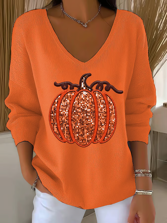 Women's Long Sleeve T-shirt Spring/Fall Orange Halloween (pumpkin) Printing V Neck Daily Going Out Casual Top