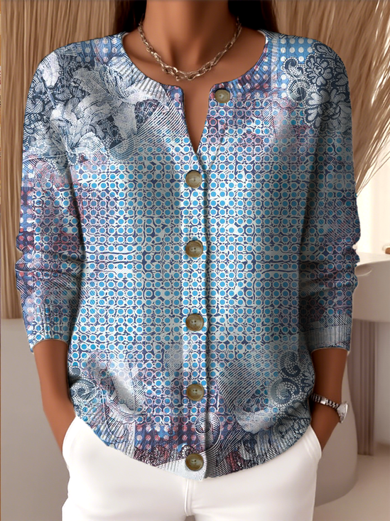 Knitted Gradient Pattern Ethnic Crew Neck Cardigan