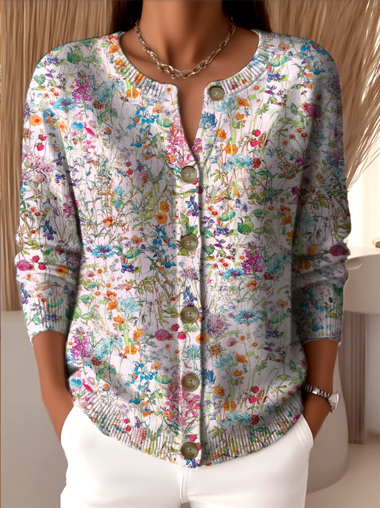 Peasant Crew Neck Floral Knitted Cardigan
