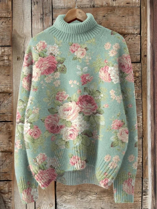 Women's Floral Print Casual Turtleneck Long Sleeve Sweater